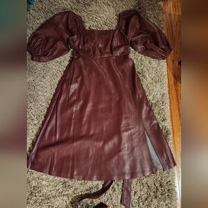 Faux Leather Burgundy Dress With Puff Sleeves And Sash